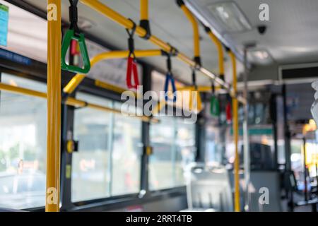 Interior view of the bus with hand grip, in Seoul, South Korea Stock Photo