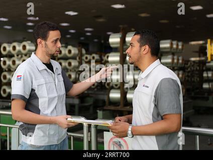 230703 -- CAIRO, July 3, 2023 -- Ahmed Soliman R, the deputy general manager of Jushi Egypt, talks with a staff member at a workshop of Jushi Egypt in Suez, Egypt, June 26, 2023. TO GO WITH Feature: From technician to executive: a young Egyptian s path to success under BRI cooperation  EGYPT-BRI COOPERATION-JUSHI EGYPT WangxDongzhen PUBLICATIONxNOTxINxCHN Stock Photo