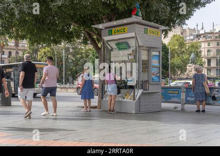 Palma de Mallorca, Spain; august 10 2023: Lottery kiosk of the Spanish National Organization for the Blind, Once. Palma de Mallorca, Spain Stock Photo