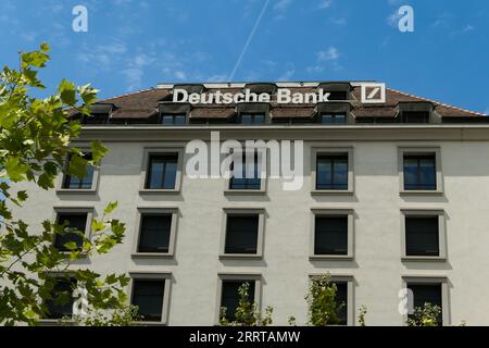 Geneva, switzerland. August 13. 2023. Deutsche Bank sign. Building of the largest German bank. Stock Photo