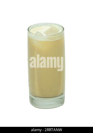 Latte macchiato coffee in a transparent glass cup with ice cubes isolated on a white background Stock Photo