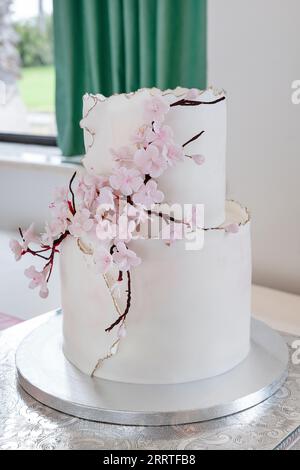 Two-tiered water color wedding cake decorated with non-edible cascading blossoms in pastel pink, beautiful floral dessert inspiring springtime romance Stock Photo