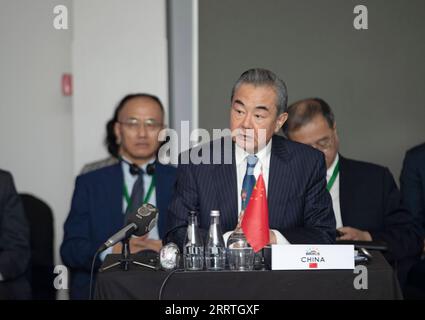 230725 -- JOHANNESBURG, July 25, 2023 -- Wang Yi, a member of the Political Bureau of the Communist Party of China CPC Central Committee and director of the Office of the CPC Central Commission for Foreign Affairs, attends the 13th Meeting of BRICS National Security Advisers and High Representatives on National Security in Johannesburg, South Africa, July 25, 2023.  SOUTH AFRICA-JOHANNESBURG-CHINA-WANG YI-BRICS-MEETING ZhangxYudong PUBLICATIONxNOTxINxCHN Stock Photo