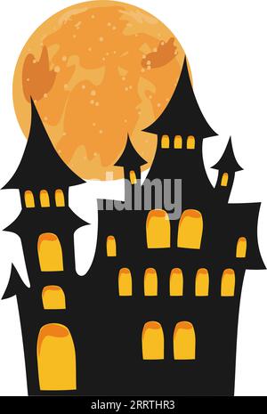 Halloween castle with full moon. Black haunted house silhouette. Halloween design element. Isolated graphic template. Vector illustration. Stock Vector