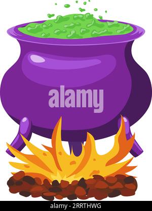 Halloween witch pot with green liquid and fire. Decor for Halloween celebration. Isolated purple cauldron graphic template. Vector illustration. Stock Vector