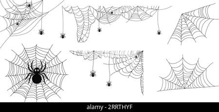 Spider and web. Set of different web designs. Mesh abstract texture of spider insect traps. Halloween design element. Isolated graphic template. Vecto Stock Vector