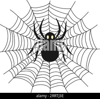 A black spider on a web. Texture of insect traps. Decor for Halloween celebration. Isolated graphic template. Vector illustration. Stock Vector