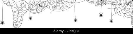 Hanging and corner spiderweb with spiders. Decor for Halloween celebration. Abstract texture of insect traps. Isolated graphic template. Vector illust Stock Vector