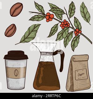 illustration elements coffee branch, leaves, beans, cup, pack, and teapot Stock Vector