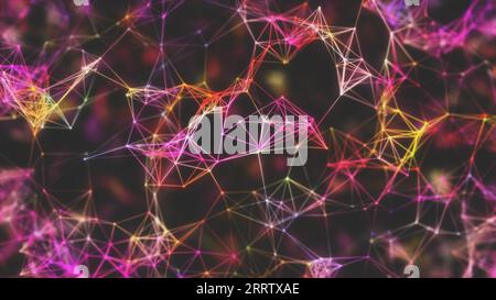 Multicolored abstract network of dots and lines. Network with broken and restored connections. 3D render. Stock Photo