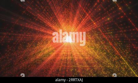 Moving through an abstract tunnel with light at the end. A tunnel formed by triangles of luminous colored particles. 3D render. Stock Photo