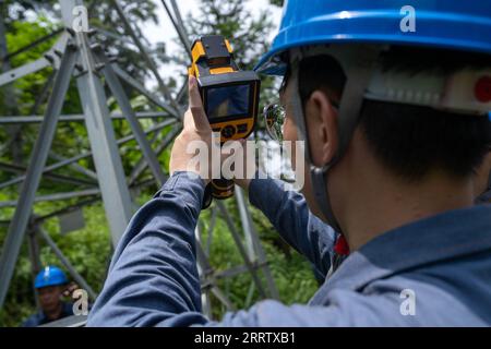 230812 -- PINGXIANG, Aug. 12, 2023 -- Li Yingxing conducts temperature measurement on a power transmission tower with an infrared thermometer in Pingxiang, south China s Guangxi Zhuang Autonomous Region, Aug. 10, 2023. Wen Xianwen, Yao Zhengqiang, Deng Yiqiang and Li Yingxing are members of a team of maintenance personnel from the Guangxi branch of China Southern Power Grid s Pingxiang power supply station. Workers of the team, which was founded in 1974, have patrolled nearly 250,000-kilometer-long power transmission lines over the past 49 years. Led by Wen at present, the team has entered its Stock Photo