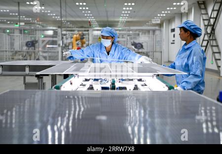 230815 -- GUIYANG, Aug. 15, 2023 -- Workers produce photovoltaic modules at the workshop of a new energy company in Yi-Hui-Miao Autonomous County of Weining, southwest China s Guizhou Province, July 19, 2023. Guizhou has seized the opportunity and made big stride in the development of new energy industry, such as wind power and photovoltaic power, in recent years. While vigorously developing green energy, Guizhou has also made full use of the land under photovoltaic panels to develop farming and livestock breeding. By the end of June 2023, the total installed capacity of new energy in Guizhou Stock Photo