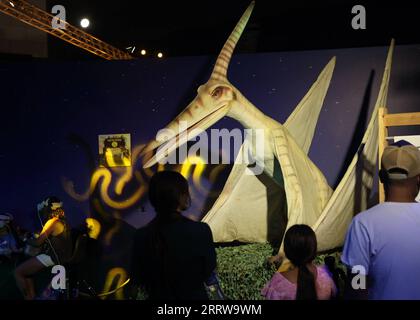 230816 -- HOLON, Aug. 16, 2023 -- People visit an exhibition of model dinosaurs in Holon, central Israel, on Aug. 15, 2023. Dozens of life-size dinosaur models of different periods are presented at the exhibition, providing children with interactive learning experience. Photo by /Xinhua ISRAEL-HOLON-DINOSAUR EXHIBITION GilxCohenxMagen PUBLICATIONxNOTxINxCHN Stock Photo