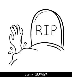 Grave with tombstone with RIP or Rest in Peace inscription and the arm sticking out from the ground. Halloween concept. Vector illustration Stock Vector