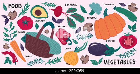 Vegetable. Vegan food set, tomato and cucumber, pumpkin and eggplant. Basket with organic nature diet healthy products, avocado and onion. Kitchen dec Stock Vector