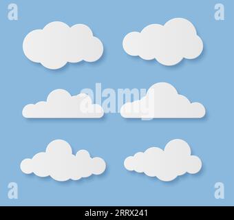 Clouds. Cartoon rainy sky elements with shadows. White paper cut decorative cloudy forms. Fluffy shapes on blue background. Origami elements. Weather Stock Vector