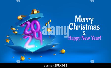 Holiday banner design. 2024 New Year celebration. 3D gift box. Opened present. Render numbers or golden confetti. Merry Christmas offer. Winter sale o Stock Vector