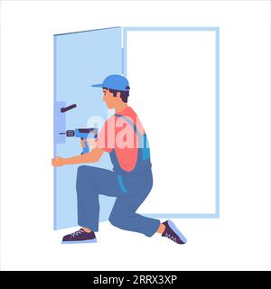 Home repair. Cartoon service worker making renovation. Builder fixing door lock. Repairman working with drill. Handyman in uniform. Carpenter installi Stock Vector