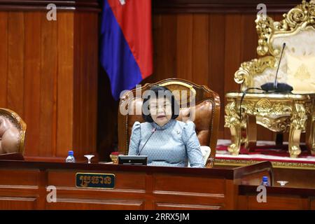 230822 -- PHNOM PENH, Aug. 22, 2023 -- Khuon Sudary chairs a parliamentary session in Phnom Penh, Cambodia on Aug. 22, 2023. Khuon Sudary was elected on Tuesday as the president of for a new five-year term, becoming the first woman to hold this top post, according to the state-run National Television of Cambodia TVK. /Handout via Xinhua CAMBODIA-PHNOM PENH-KHUON SUDARY-NEW PARLIAMENT PRESIDENT Cambodia sxNationalxAssembly PUBLICATIONxNOTxINxCHN Stock Photo