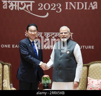 New Delhi, India. 09th Sep, 2023. India's Prime Minister Narendra Modi (R) shakes hand Japanese counterpart Fumio Kishida . during of the G20 Leaders' Summit in New Delhi, India. on Saturday September 9, 2023. Photo by Press Information Bureau (PIB)/ Credit: UPI/Alamy Live News Stock Photo