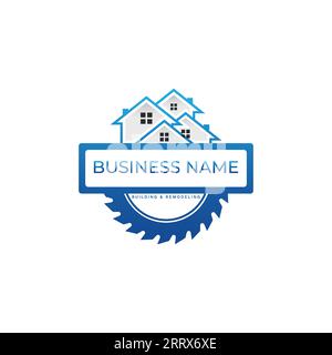 Home house builders repair remodeling logo design vector image. Circular Saw Disc for Cutting Wood and House Logo Design. Combined Vector Design. Cons Stock Vector