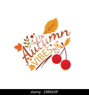 Autumn vibes seasonal typography vector design. Autumn typography design made with leaves vector image Stock Vector