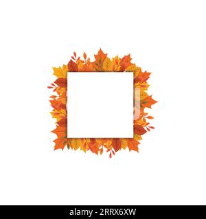 Frame of fall, autumn leaves, twigs and branches with square background. Square frame decorated with autumn leaves vector image Stock Vector