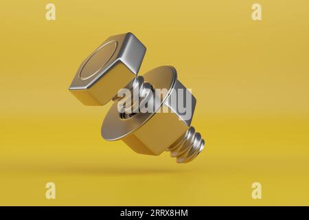 Bolt with nut and washers isolated on yellow background. 3d illustration. Stock Photo