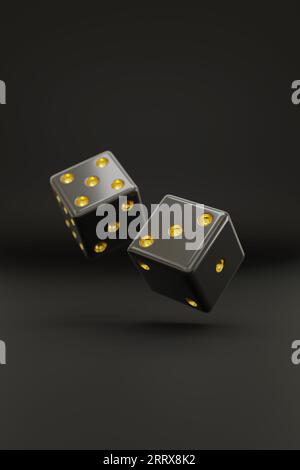 Two black dice with gold dots floating on a black background. 3d illustration. Stock Photo