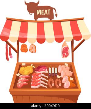 Meat market stall. Food shop cartoon stand isolated on white background Stock Vector