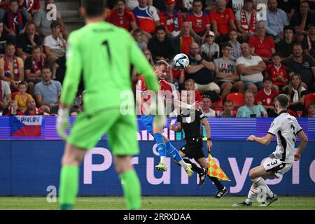 (L-R) Goalkeeper of Albania Etrit Berisha, Vladimir Coufal of Czech Republic and Elseid Hysaj of Albania in action during the qualifier for football European Cup, group E, Czech Republic vs Albania in Prague, Czech Republic, September 7, 2023. (CTK Photo/Michal Kamaryt) Stock Photo