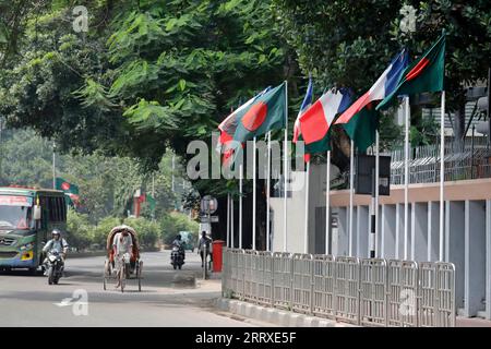 Dhaka, Bangladesh - September 09, 2023: The National flags of the two countries are flying on the streets of Dhaka on the occasion of French President Stock Photo