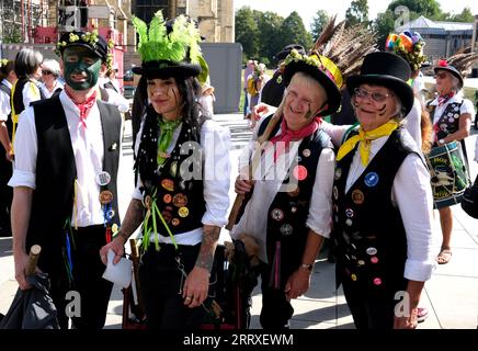 Canterbury, Kent, Uk. September 9th 2023. East Kent Morris dancers.  Following the annual Hop Hoodening service in Canterbury Cathedral Morris Dancers perform their traditional dances in the sweltering heat. Credit: DAVE BAGNALL / Alamy Live News Stock Photo