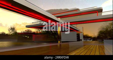 Night view of the contemporary terrace. Decked floor reflected in glass facade with red glowing elements. 3d rendering. Stock Photo