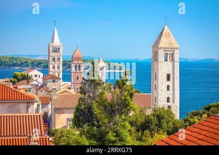 Four tower od historic Rab town view, Island of Rab, archipelago of Croatia Stock Photo