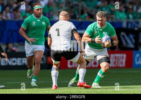 Bordeaux, France. 09th Sep, 2023. BORDEAUX, FRANCE - SEPTEMBER 9: Peter O'Mahony of Ireland is tackled by Iulian Hartig of Romania during the Rugby World Cup France 2023 match between Ireland and Romania at Stade de Bordeaux on September 9, 2023 in Bordeaux, France. (Photo by Hans van der Valk/Orange Pictures) Credit: Orange Pics BV/Alamy Live News Stock Photo