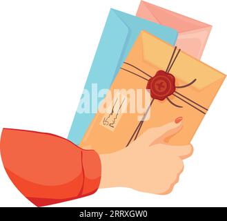 Craft vintage envelopes in human hand. Postal letters isolated on white background Stock Vector
