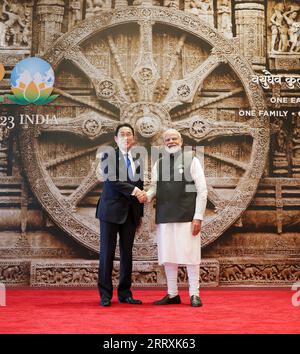 New Delhi, India. 09 September, 2023. Indian Prime Minister Narendra Modi, right, welcomes Japanese Prime Minister Fumio Kishida, left, for the start of the G20 Summit meeting at Bharat Mandapam convention center, September 9, 2023 in New Delhi, India.  Credit: PIB/Press Information Bureau/Alamy Live News Stock Photo