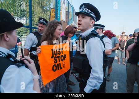 London, UK. 09th Sep, 2023. Member of XR Occupy and block the East Entrance of London Excel center to stop the DSEI Arms Fair; unfortunately, due to a lack of numbers they were not as successful as they would normally be, London, United Kingdom, 09/09/2023 Ehimetalor Unuabona/Alamy Live News Credit: Ehimetalor Unuabona/Alamy Live News Stock Photo