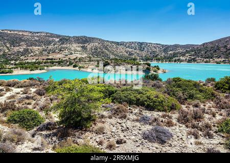 Bramian Lake in Ierapetra, Crete, Greece. The artificial Bramian Lake was built in 1986 to cover the cultivation needs of 30,000 acres of Ierapetra. T Stock Photo