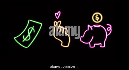 Neon Finance Set, Dollar Bill, Piggy Bank, Hand. glowing desktop icon, neon sticker, neon figure, glowing figure, neon geometrical figures  Stock Photo