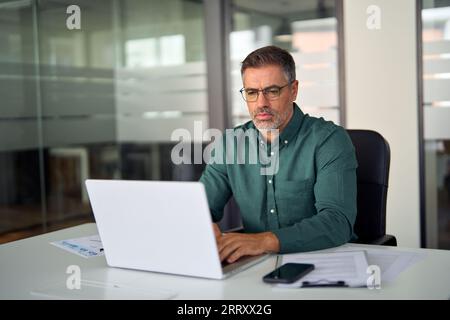 Middle aged professional business man investor using computer working at desk. Stock Photo