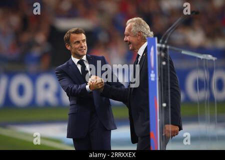 Paris, France. 9th Sep, 2023. Chairman of World Rugby Bill Beaumont (R) and French President Emmanuel Macron shake hands during the Opening Ceremony before the Rugby World Cup 2023 match at Stade de France, Paris. Picture credit should read: Paul Thomas/Sportimage Credit: Sportimage Ltd/Alamy Live News Stock Photo