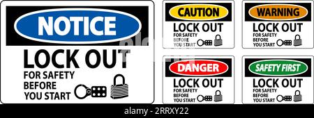 Caution Sign, Lock Out For Safety Before You Start Stock Vector
