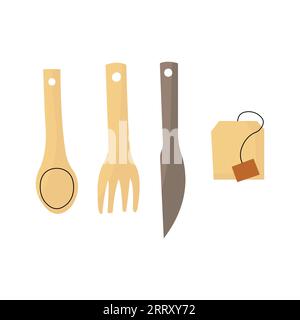 Food accessories set with knife and fork. Kitchen things for serving and tea package. Stock Vector