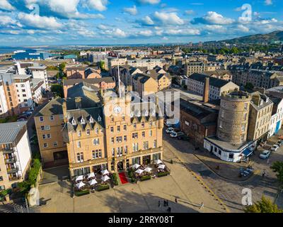 Aerial view in late afternoon of Malmaison Hotel on The Shore in Leith, Edinburgh, Scotland, UK Stock Photo