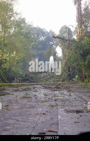 W.Acton, MA, USA. 7th Sep, 2023. Strong thunder storm has caused significant damage west of Boston slowing traffic on Route 2 West. Trees are down on the commuter trains rails and power lines in Acton are down throughout the area. 57,000 people are without power in parts of the state. (Credit Image: © Kenneth Martin/ZUMA Press Wire) EDITORIAL USAGE ONLY! Not for Commercial USAGE! Stock Photo