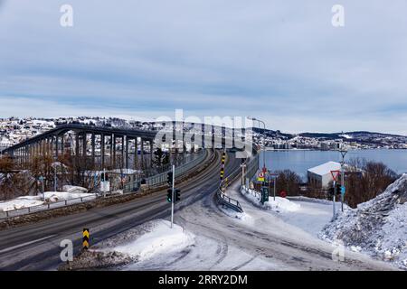 Tromso Bridge in winter leading to the Artic Cathedral Stock Photo