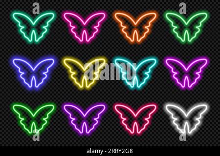 Neon butterfly border icon set. Glowing coloful frames button. Spring rainbow colors shape action UI elements. Purple, blue, pink, yellow, green, red Stock Vector